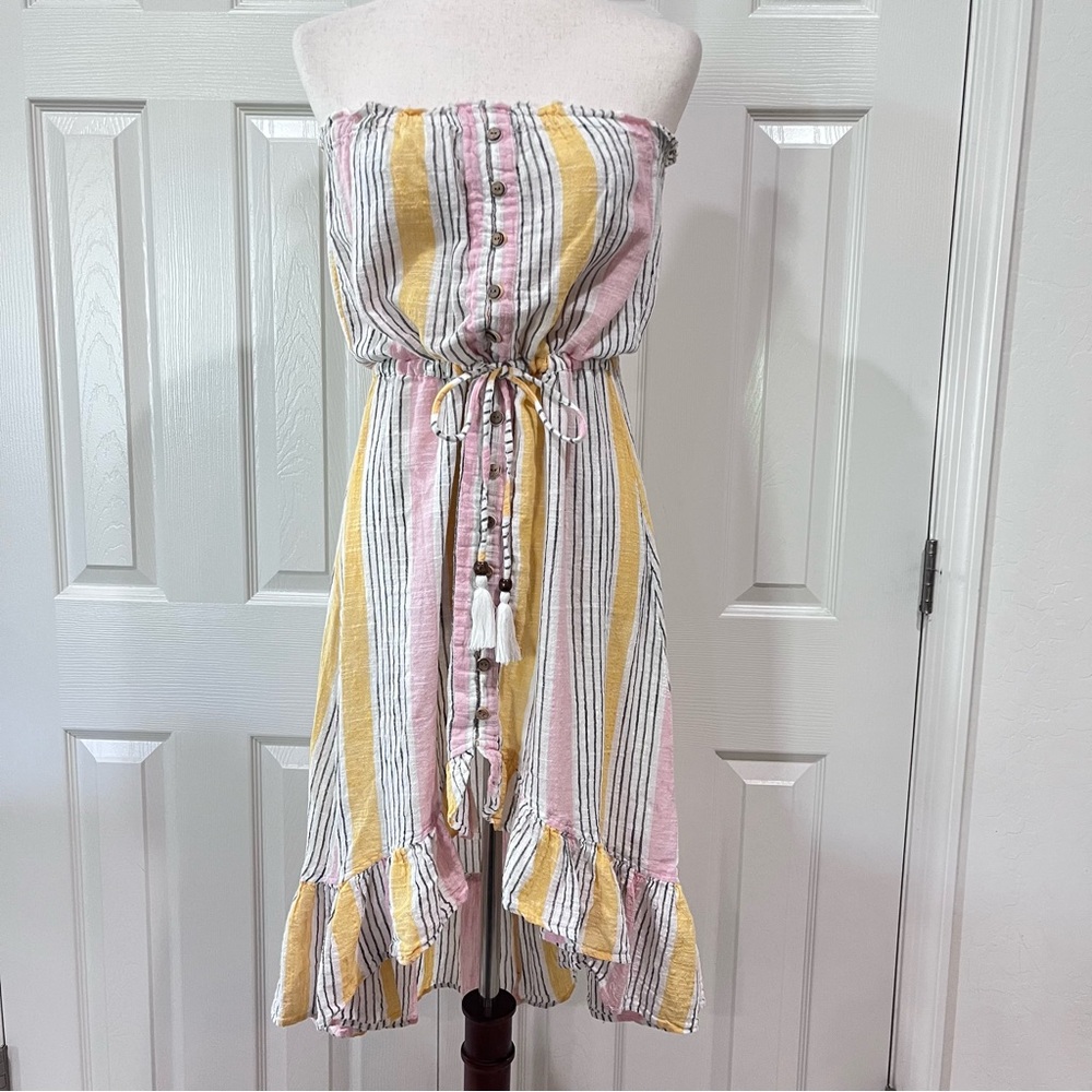 Blue Island Pink and Yellow Striped High-Low Strapless Dress Size S